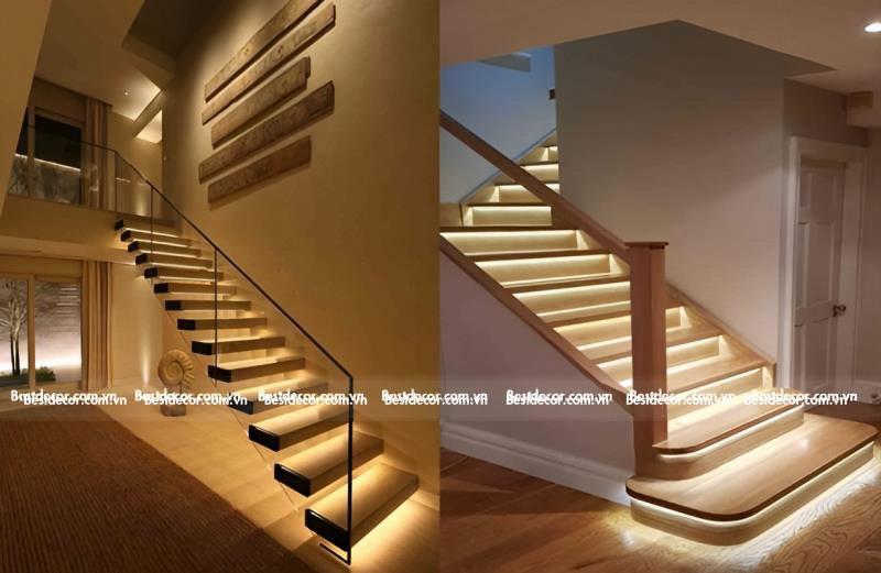 Cầu thang kính gỗ căm xe với đèn LED