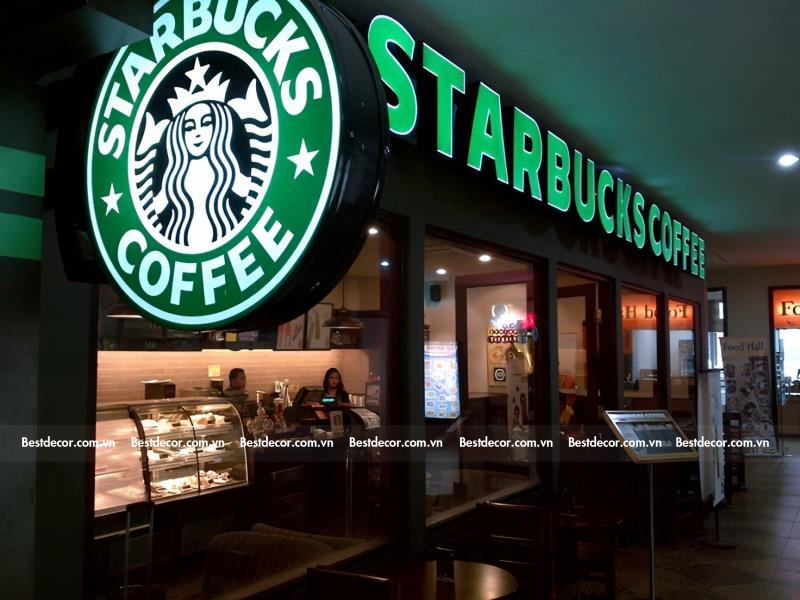 Mẫu biển quảng cáo quán Coffee chữ phát sáng của thương hiệu Starbucks nổi tiếng
